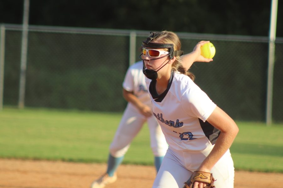 Sophomore+Paige+Andrews+sends+a+ball+to+the+plate.+Andrews+was+awarded+with+Pitcher+of+the+Year+from+the+Fayette+Daily+News+of+the+2017+year.