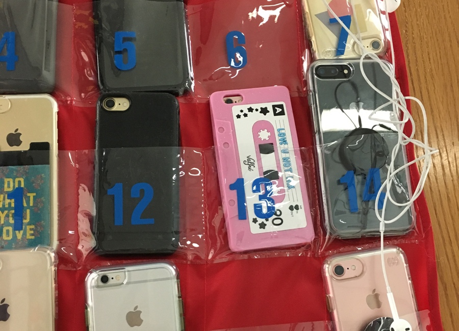 Cell phones and other technological devices that cause distractions are placed in pouches such as this one in most classrooms. Phone pouches such as these may decrease a significant classroom distraction, but do nothing to prevent antisocial behaviors when an authoritative person is not present.