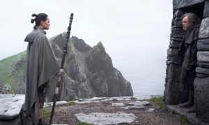 Rey (Daisy Ridley) and Luke Skywalker (Mark Hamill) meet for the first time. Rian Johnson’s “The Last Jedi” is plenty daring, but offers nothing resembling a logical sequel to Episode VII. 