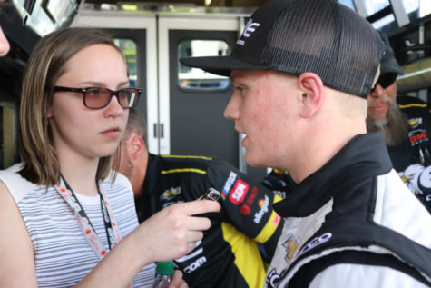 NCWTS driver Justin Haley answers a question from Staff Writer Ashton Long.  Haley topped the speed chart in the opening practice session.
