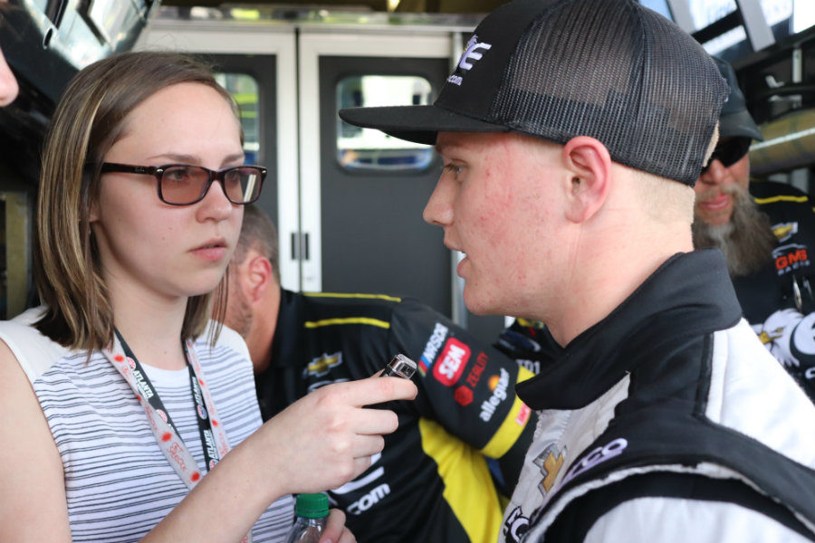 NCWTS+driver+Justin+Haley+answers+a+question+from+Staff+Writer+Ashton+Long.++Haley+topped+the+speed+chart+in+the+opening+practice+session.