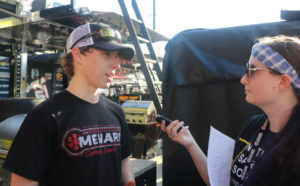 Brandon Jones, driver from Atlanta, talks with Dana Gould after the second Xfinity Series practice session. Jones, in the No. 19 Menards/Jeld-Wen Toyota, rounded out the top five with a speed of 175.950 mph, 31.509 seconds. 