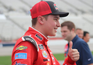 Xfinity Series rookie Christopher Bell gives a thumbs up after finishing qualifying with the fastest lap time. Bell has maintained some of the top speeds throughout both practices and qualifying.  