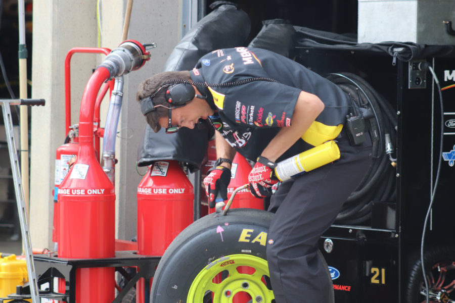 Crew member for Ryan Blaney checks tire wear on the No. 12 DEX Imaging Ford. Drivers used final practice to find long-run speed in preparation for tomorrow’s race. Joey Logano, Team Penske teammate to Ryan Blaney, ran the most laps in the final practice session with 74.