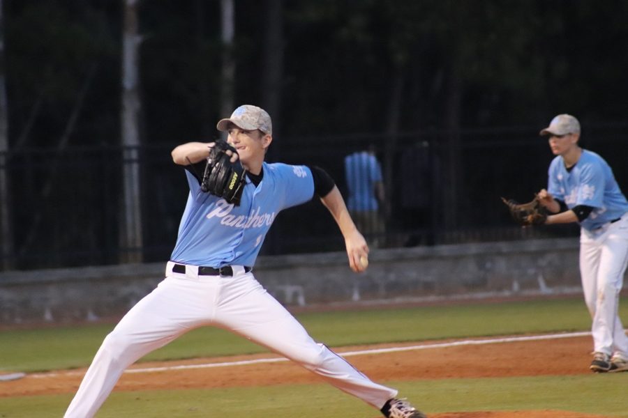 Panther pitcher delivers the ball. Starr’s Mill pitched very well throughout the entire game, only giving up three hits and no runs.