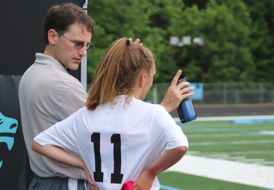 Head coach John Bowen talks with freshman Darby Olive on the sideline about the game. Starr’s Mill lost 3-0 at home against the Whitewater Wildcats. Earlier in the season, the Panthers defeated Whitewater 8-7 in penalty kicks, but lacked the intensity needed for a repeat victory.