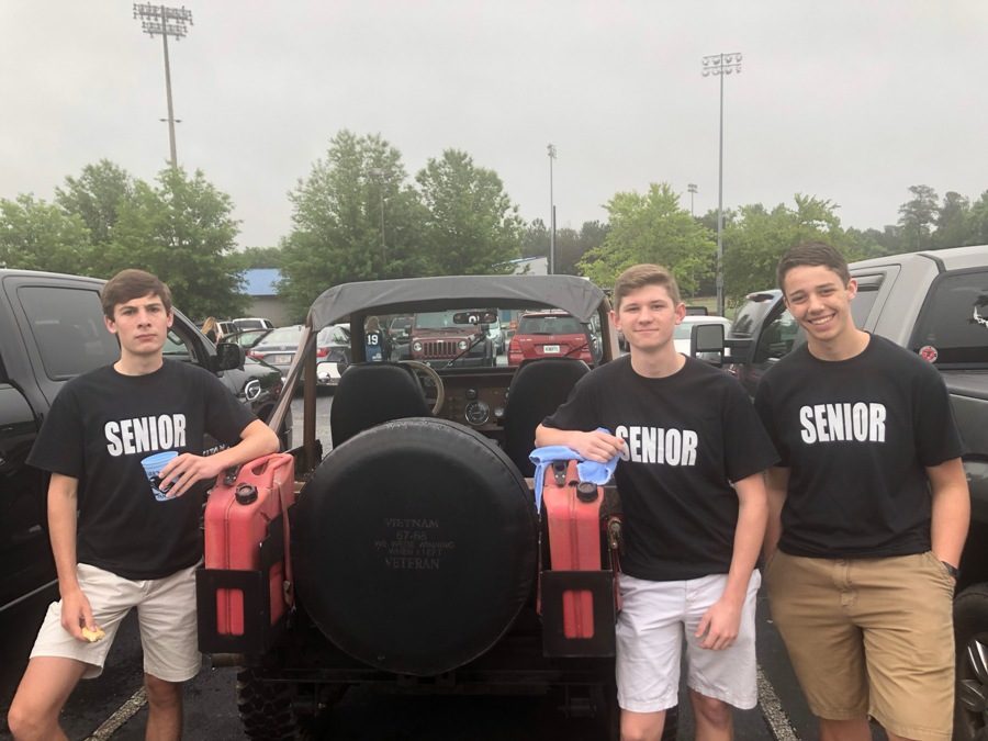 May 18, 2018 - Rising seniors Carson Hines, Maxwell Meyhoefer, and Zach Garcia celebrate at the class of 2019 senior tailgate. The event officially begins the class’s last year of high school. 