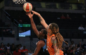 Mercury center Brittney Griner defends Dream forward Elizabeth Williams as she attempts a layup. The Dream averages 76 points per game, but came up short only scoring 71 in Sunday’s loss to the Phoenix Mercury.