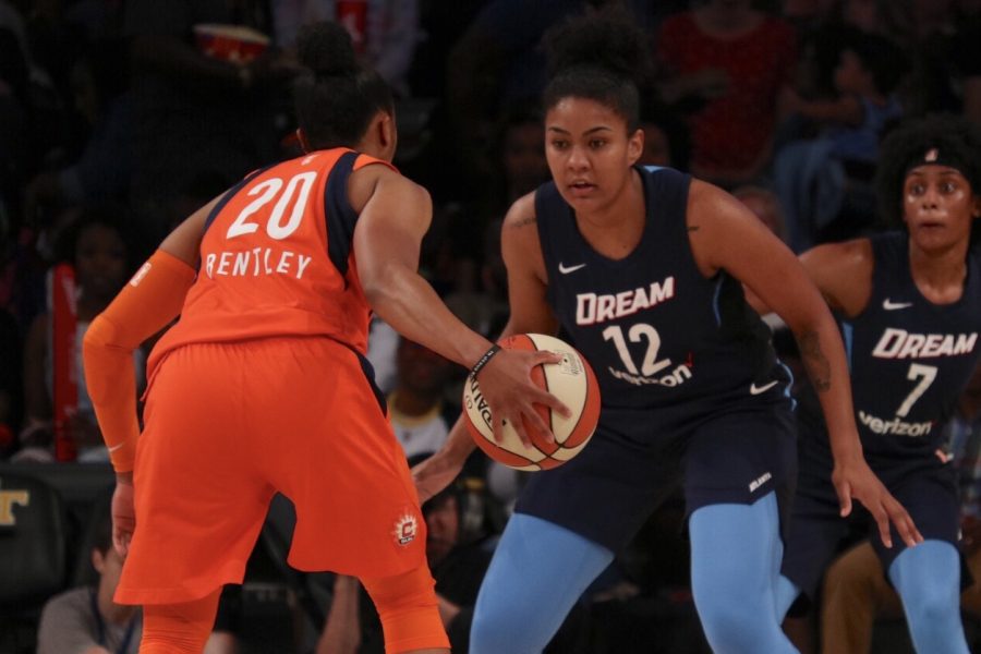 Atlanta Dream forward Damiris Dantas defends Connecticut Sun guard Alex Bentley. The Dream’s dominant defense forced 20 turnovers and rejected seven shots in their win over Connecticut. After trailing by 13 at one point in the third quarter, Atlanta used a 17-0 run to defeat the Sun 75-70.