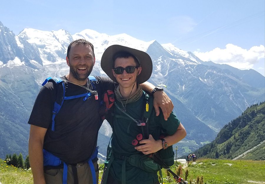 My father and I finish the Tour Mont Blanc and pose in front of the mountain together. Ten days before, our journey began from the very same spot.
