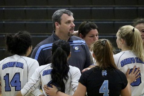 Coach Flowers talks to the volleyball team during a timeout. The Lady Panthers are off to a strong start with a 6-4 record.