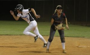 Freshman Sidney Blair runs to second against Whitewater. Starr’s Mill continued their region dominance against the Wildcats, defeating them 7-3.