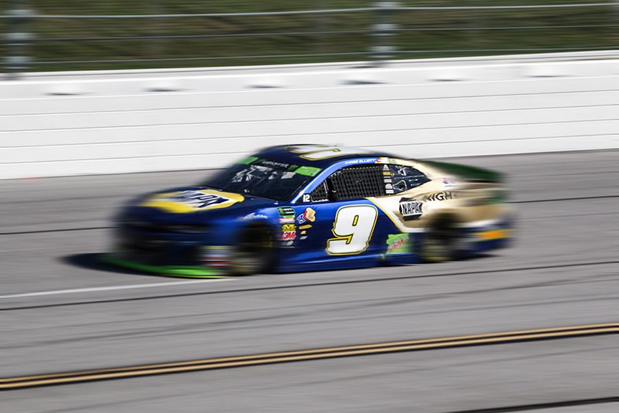 Chase Elliott races down the backstretch at Talladega Superspeedway during the 1000Bulbs.com 500 race. Elliott placed first at Dover International Speedway on Oct. 7.