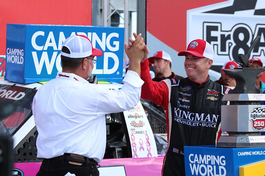 Timothy Peter celebrates his win in victory lane with Marcus Barela, owner of Fr8Auctions. Grant Enfinger led a race-high 31 laps throughout the race but finished 19th overall.