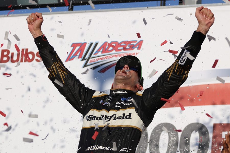 Aric Almirola celebrates his 1000bulbs.com 500 win in victory lane. Almirola gained 54 points from this win to add to his total points in the playoffs. Almirola currently sits fifth in overall points, but locked himself into the Round of 8 with the win. 