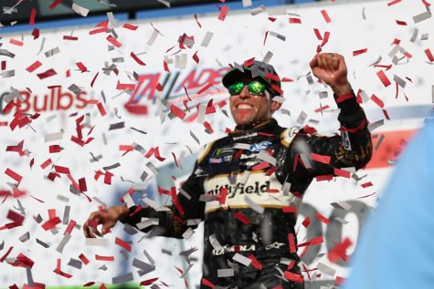 Aric Almirola, driver of the No. 10 Smithfield Bacon For Life Ford for Stewart-Haas Racing, celebrates in Victory Lane after winning 1000Bulbs.com 500 at Talladega Superspeedway. Almirola stayed up front with his teammates all race and was in position to take the lead on the final lap and earn his first victory with Stewart-Haas Racing.