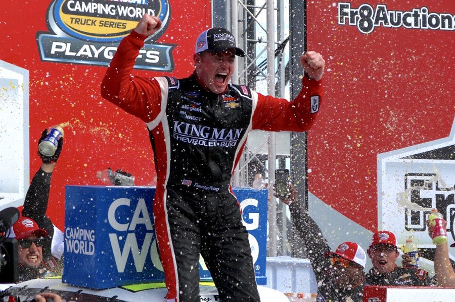 Timothy+Peters%2C+driver+of+the+No.+25+Kingman+Chevrolet+for+GMS+Racing%2C+celebrates+his+Fr8Auction+250+victory+at+Talladega+Superspeedway.+Peters+made+a+last+lap+pass+to+score+his+first+victory+of+the+season.