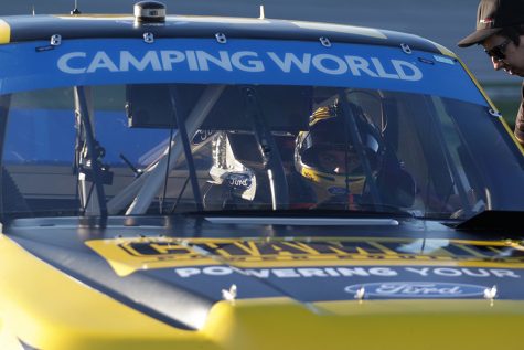 Grant Enfinger, driver of the No. 98 Champion Power Equipment/Curb Records Ford F-150 for ThorSport Racing, sits in his truck after making a qualifying lap in round one. He struggled throughout the practice sessions, but rebounded and qualified fourth for tomorrow’s Fr8Auctions 250 at Talladega Superspeedway. “We had a coil that went bad, we didn’t know it at the time, but it was going bad,” Enfinger said. “We had no speed and no RPM.”