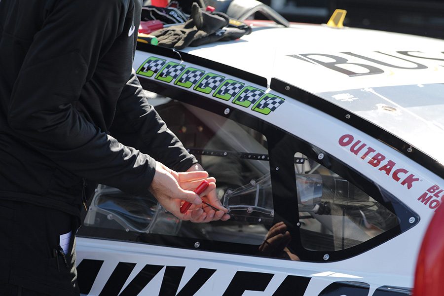 Adjustments are made to the Stewart-Haas Racing No. 4 Jimmy John’s Ford piloted by Kevin Harvick during the only Monster Energy Cup Series practice. Harvick topped the practice charts with a top speed of 204.227 mph and a best time of 46.889 seconds.