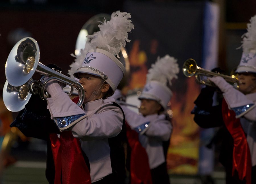 Panther+Pride+performs+their+show+during+halftime+against+Whitewater.+So+far+this+season%2C+the+band+has+placed+second+and+eighth+in+competition.