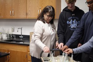 Long-term sub Deborah Mittelman works with students during one of her chemistry classes. Mittleman has been assigned to teach upon the transfer of Dr. Toyin Mafe until a full-time replacement can be hired.