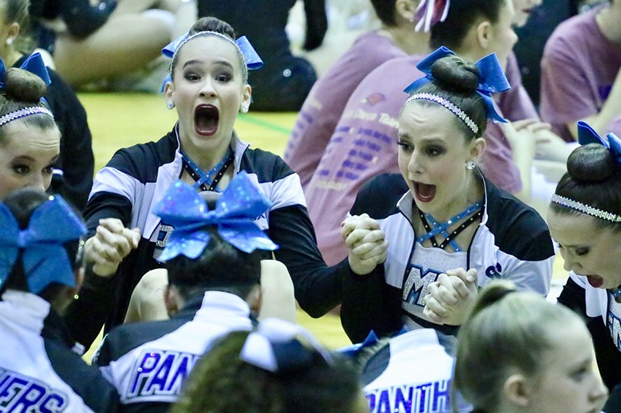 Bowman, Weist, and Johnson react to McIntosh placing second in the Small Varsity Jazz division. This is only the second year in Pantherette history that the dance team has placed higher than the Chiefettes in the state competition.