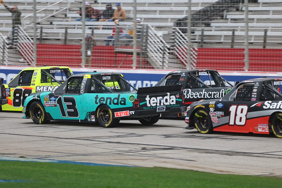 Harrison Burton (No. 18) in his 17th career start, trails seasoned NASCAR Gander Outdoors Truck Series drivers Johnny Sauter (No. 13) and Matt Crafton (No. 88). Young drivers like Burton are finding ways to move up the respect ladder in the eyes of the more experienced drivers.