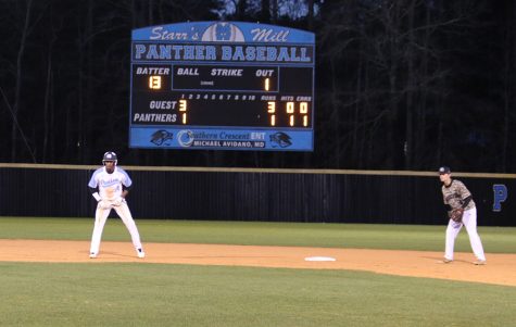 Sophomore Thad Ector leads off of second base. The Panthers were very effective in driving runs in, totalling four RBIs in the game. Ector had led the team with two RBIs.