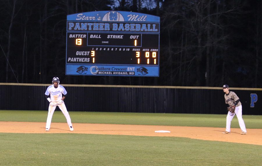 Sophomore Thad Ector leads off of second base. The Panthers were very effective in driving runs in, totalling four RBIs in the game. Ector had led the team with two RBIs.