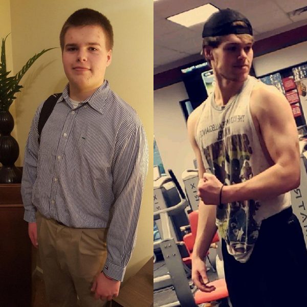 The picture on the left is from the first semester of high school, and the right picture is from my last. I went through a one-year fat loss transformation, losing 85 pounds from having a focused mindset, proper nutrition, and weight training. 
