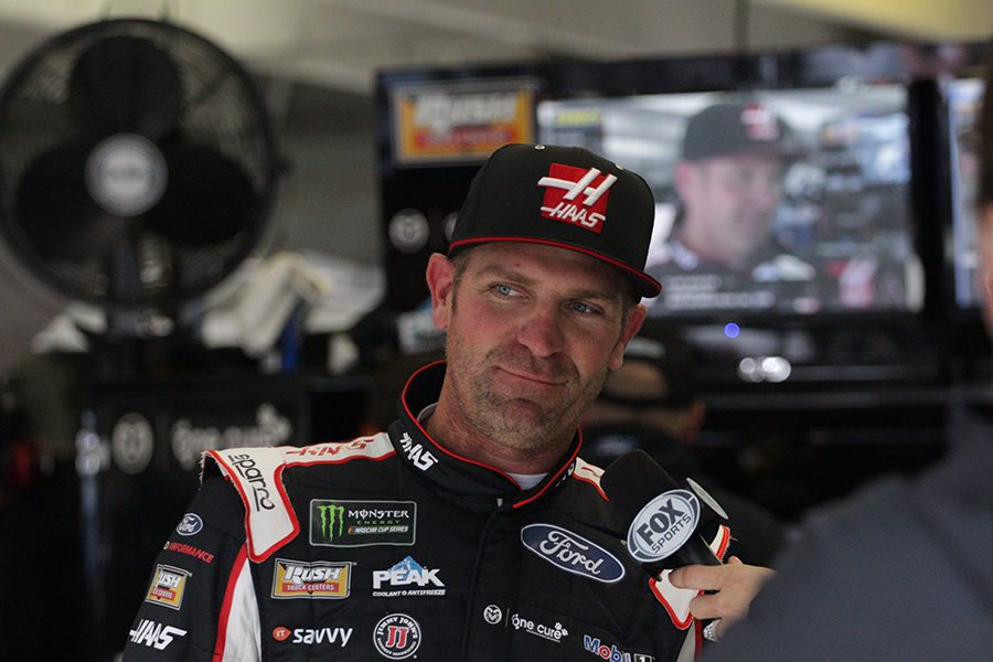 Clint+Bowyer%2C+driver+of+No.+14++Haas+Automation+Ford+for+Stewart+Haas+Racing%2C+talks+with+FOX+Sports+in+the+garage.+Bowyer+paced+the+final+Monster+Energy+NASCAR+Cup+Series+practice+with+a+speed+of+179.104+mph.+Bowyer+also+led+the+first+practice+and+qualified+third+for+the+race.