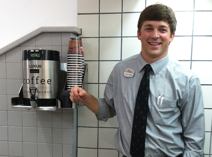Starr’s Mill grad Austin Watts during his time working at the Fayetteville Chick-fil-a Dwarf House. After initially just seeking a job as a dishwasher, Watts was employed as a manager for the organization before becoming an insurance agent. 