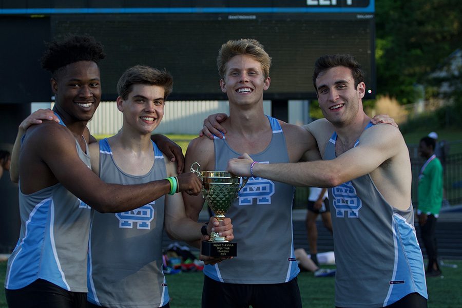 Seniors Jalen Lazenby, Harrison Fultz, Nick Nyman, and Mitchell Harris pose for a photo with the trophy from the Region 3-AAAAA boys’ track championship. Starr’s Mill earned 146 points for boys, Whitewater placed second with 108 points, and McIntosh placed third with 73 points.