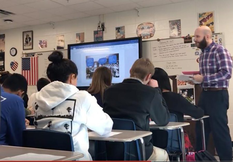 Student teacher Jeffrey Foley presents a lesson to his sophomore World History students. Foley taught under Rebecca Rickeard’s supervision and uses humor as well as respect to reach his students. 