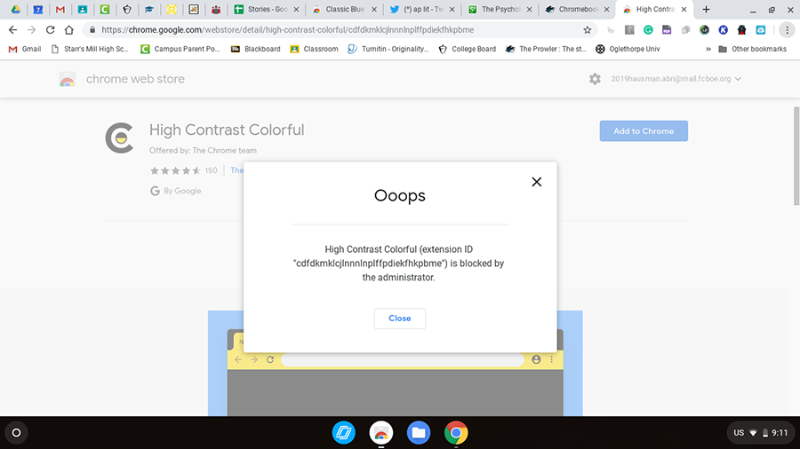 “High Contrast Colorful” theme is blocked on the Chromebook. This harmless theme is blocked while students cannot search simple words like “term,” showing just how ineffective the Chromebook block list is in Fayette County. 