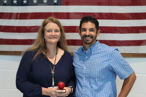 Tim Monihan from Farmers Insurance is pictured with this month’s Golden Apple winner Wendy Willoughby. Willoughby believes everyone here at Starr’s Mill is capable of the Golden Apple award and thinks that all of the math department deserves it. 