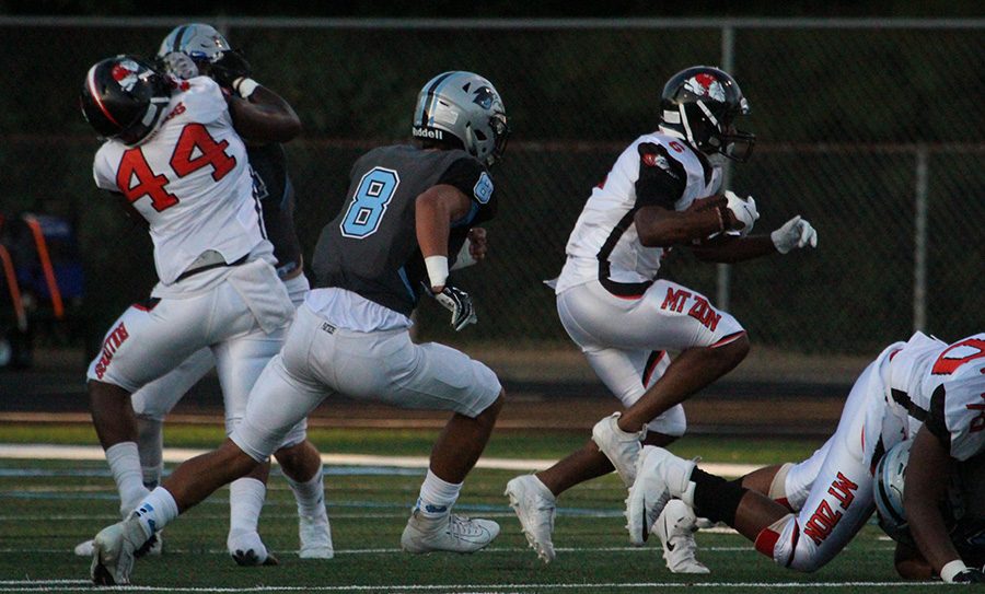 Junior Cole Bishop pursues an opposing Bulldog. The Panthers made defense a priority in the win over Mt. Zion giving up only 273 yards in the 14-8 win.