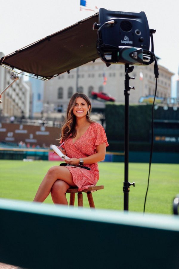 Starr’s Mill grad Brooke Fletcher sits on the set of FOX Sports Detroit at Comerica Park, home of the Detroit Tigers. After graduating in 2010, Fletcher pursued a career in sports broadcasting.