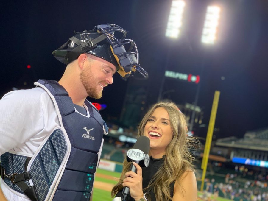 Panther grad Brooke Fletcher interviews Detroit Tigers catcher, Jake Rogers. Fletcher works with FOX Sports Detroit as a sideline reporter for covering games for the Tigers, Redwings, and Pistons.