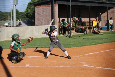Junior Jolie Lester at the plate against Griffin. Midway through the season, Lester has accumulated 21 hits, 13 RBIs, and a batting average of .477.