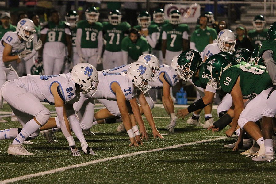 The defensive line gets ready for their next play. Starr’s Mill had their best defensive game all season against the Chiefs, only allowing 89 total yards and producing five sacks.