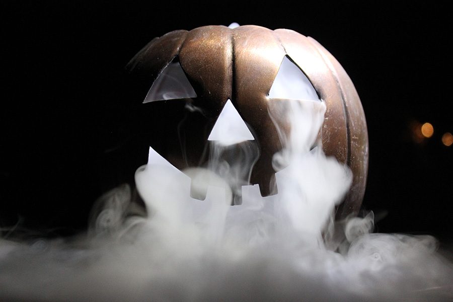 Oct. 10, 2019 - Ghosty white smoke billowing out of the iron pumpkins eyes and mouth. The cooler the dry ice is the more reactant it is with the water.  