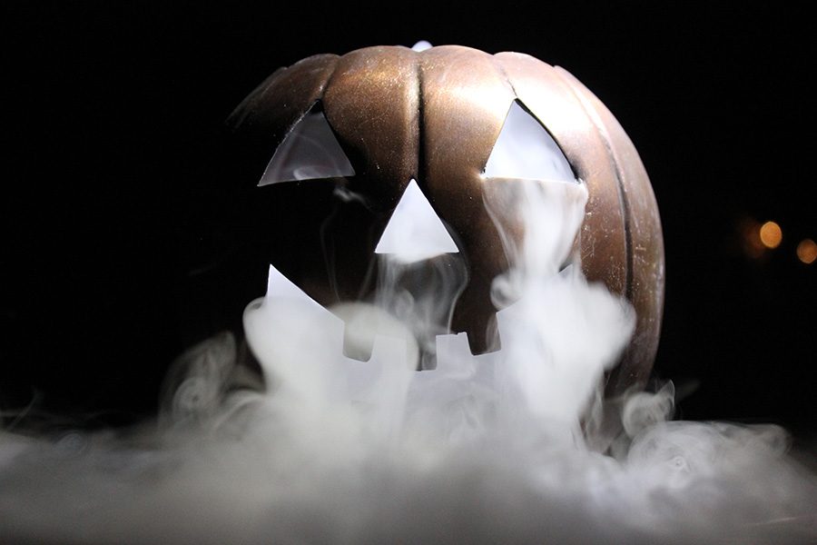 Oct. 10, 2019 - Ghosty white smoke billowing out of the iron pumpkin's eyes and mouth. The cooler the dry ice is the more reactant it is with the water.