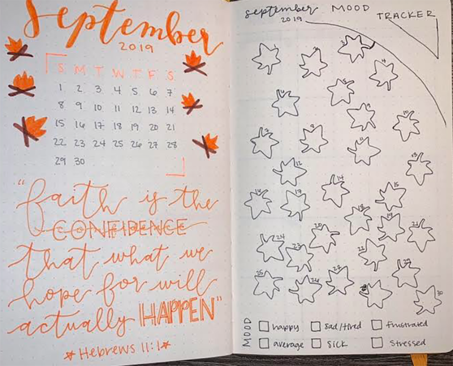 One of Harris’s favorite touches to have in a bullet journal is a mood tracker. She believes that coloring in the tracker each day can make filling out a bullet journal more fun. 