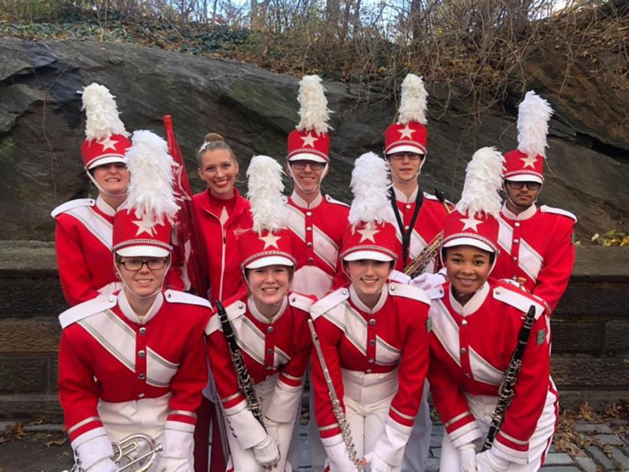 Nov. 28, 2019 - (back left to right) Junior Claudia Williams, seniors Nicole Divinitz, Kyle Robinson, Kevin Allen, Jaskaran Chaula.(bottom left to right) Senior Camryn Keiner, juniors Natalie Robichaux, Mary, and senior Kennedy Blanks performed at the Macy’s Day Parade in New York City. 