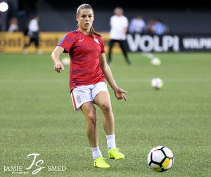 Kelley O’Hara playing in 2017 in a game against New Zealand. O’Hara has teamed up with AFC Lightning to fund a scholarship for student-athletes to achieve their educational and athletic goals. 