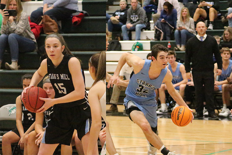 Senior Alice Anne Hudson (left) observes the court. Junior Brandon Allison (right) dribbles down the court as first-year head coach Josh Reeves watches. The Starr’s Mill boys’ and girls’ basketball teams seasons have gone in opposite directions. The boys have struggled to get off the ground while the girls are flying sky high.