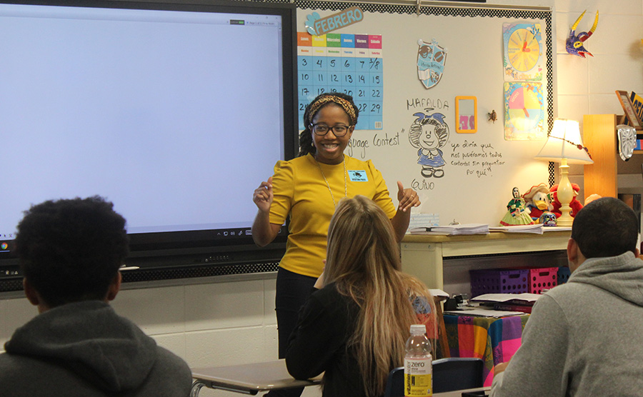 Azell Francis speaks to Interact Club about the next level of their club, Rotaract Club. Her first experience in the United States came about through Rotary, the level above Rotaract.