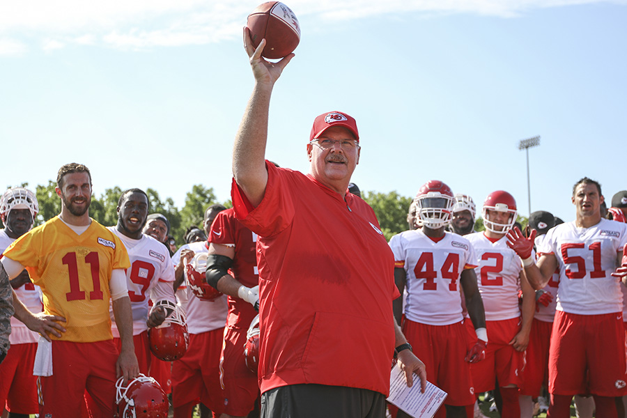 Kansas City Chiefs head coach Andy Reid talks to his team during a practice. Reid’s Chiefs overcame a 10-point deficit in the fourth quarter of Super Bowl LIV to defeat the San Francisco 49ers 31-20. With his 222nd career win, Reid overcame 20 years of falling short of the most coveted prize in the NFL.