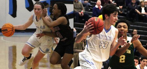 Alice Anne (left) and Drew Hudson (right) maneuver around the court with possession of the basketball. Years of friendly rivalry against one another fueled their prowess. They carried the competition into their high school careers only to become the top dogs of Starr’s Mill basketball. 